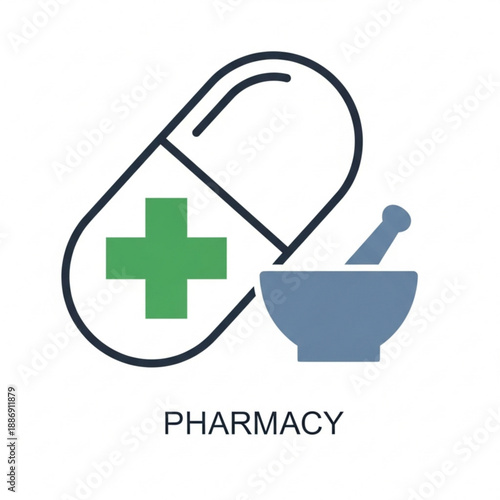 Pharmacy logo with green cross and mortar on symbol