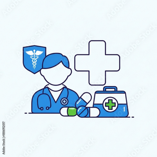 Medical professional with first aid kit and pills
