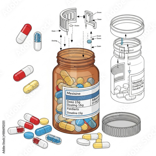Medical pills and capsules with bottle and diagrams