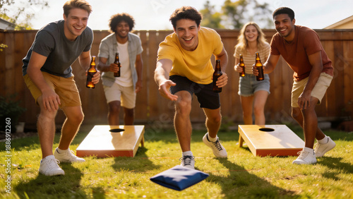 Wallpaper Mural Diverse friends including men and woman playing cornhole with beers in sunny backyard. Outdoor summer game and social fun. National beer day celebration in usa Torontodigital.ca