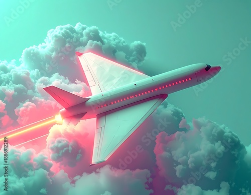 A white airplane soars through puffy clouds, leaving a trail of pink light against a teal-colored sky