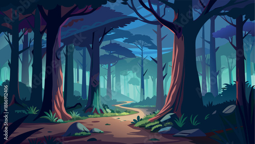Mysterious Night Forest Path with Enchanted Trees and Moonlight Atmosphere
