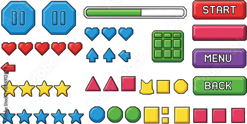game, ui, icons, buttons, interface, assets, hud, vector, illustration, colorful, cartoon, mobile, app, design, elements, start, menu, back, graphic