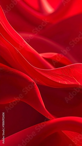 Abstract folds of smooth red fabric cascade, creating dramatic light and shadow play across curved shapes