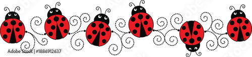 ladybug, ladybird, insect, cute, cartoon, pattern, red, black, bug, nature, vector, illustration, decorative, kids, design, seamless, border, background, graphic