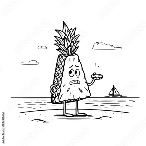 Sad Pineapple Character Standing on Beach with Ship in Background