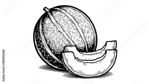 Black and white illustration of a sliced cantaloupe with visible seeds and textured flesh