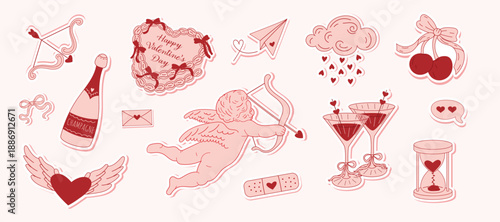 Valentine’s Day romantic clipart set with cupid, hearts, champagne, cake, cocktails and love symbols. Cute hand drawn elements for wedding, romance and holiday design.