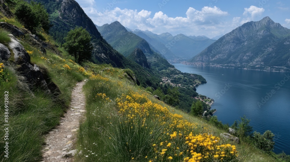 Obraz premium Scenic mountain landscape with wildflowers along lake path on sunny day.