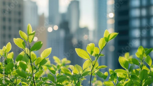 Video Urban landscape viewed from a vantage point amidst foliage, featuring skyscrapers and buildings in the distance