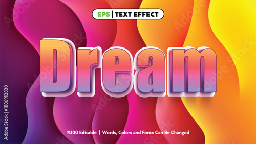 Colorful gradient three dimensional dream text effect with layered shadow and abstract wavy background in warm vibrant tones ideal for creative design projects