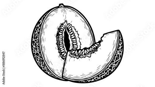High-contrast black-and-white illustration of a halved cantaloupe with detailed inner structure