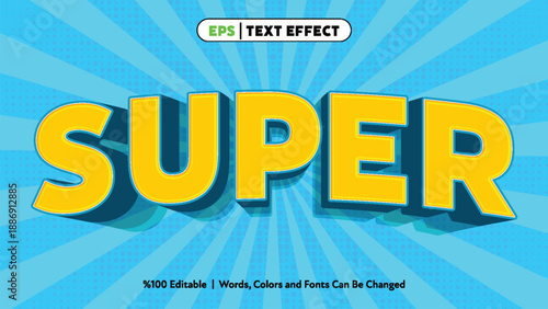 Bold yellow super text with three dimensional shadow effect on bright blue radial background sunburst rays vibrant colorful illustration style