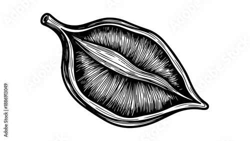 High-contrast black-and-white illustration of an elongated botanical pod with intricate internal lines