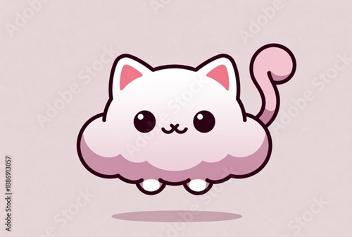 Adorable pink cloud cat character, whimsical fantasy animal sticker in kawaii style