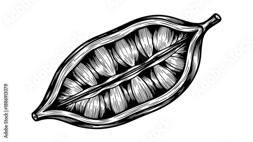 High-contrast black and white illustration of a cocoa pod with seeds