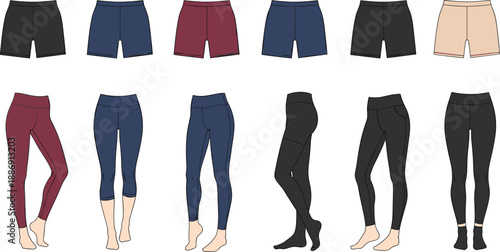 shorts, leggings, pants, clothing, apparel, fashion, vector, illustration, flat, design, collection, template, female, garment, textile, modern, casual, sporty, outfit, background