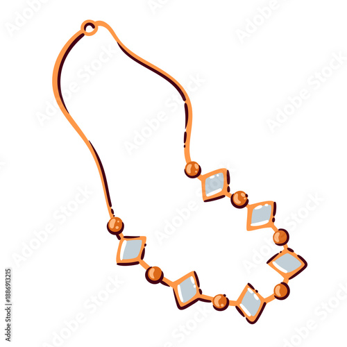 Gold geometric stone necklace jewelry. Square gemstones with round beads on thin chain, glossy metal finish, clean lines. Modern fashion necklace accent, cartoon vector illustration.