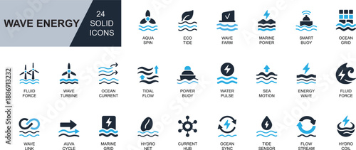 Wave energy vector solid icon set featuring turbine, tidal, buoy, current, ocean, hydro, and eco symbols.  perfect for UI, apps, renewable power, and branding.