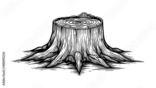 Black and white illustration of a tree stump with intricate growth rings and roots