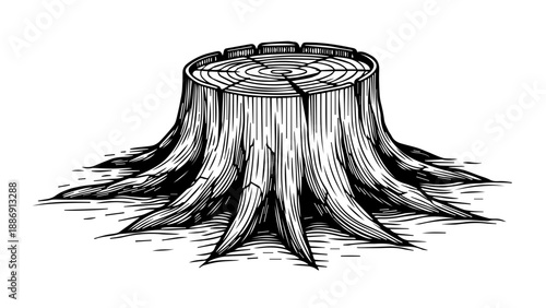 Black and white illustration of a tree stump with concentric rings and delicate roots