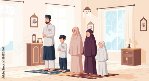 A heartwarming flat design illustration depicting a Muslim family performing the special Tarawih prayer together in the comfort of their home during Ramadhan nights.