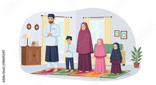 A heartwarming flat design illustration depicting a Muslim family performing the special Tarawih prayer together in the comfort of their home during Ramadhan nights.