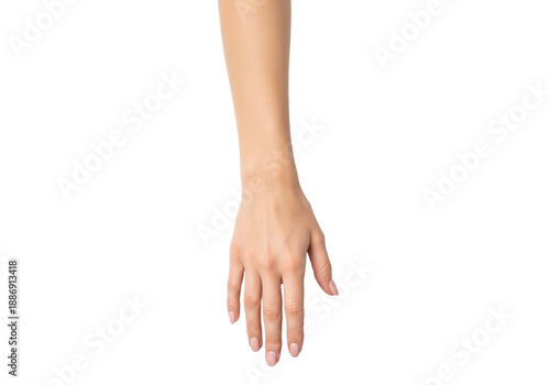 Young adult woman's bare, light-toned hand with nude-pink manicure, fingers splayed, isolated against a transparent background with copy space. Concept for commercial beauty presentation