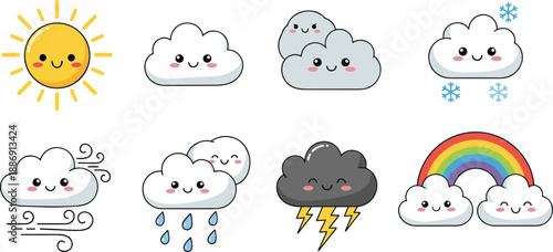 weather, icons, cute, kawaii, sun, cloud, rain, snow, thunder, rainbow, forecast, vector, illustration, cartoon, emoji, flat, design, set, background, graphic