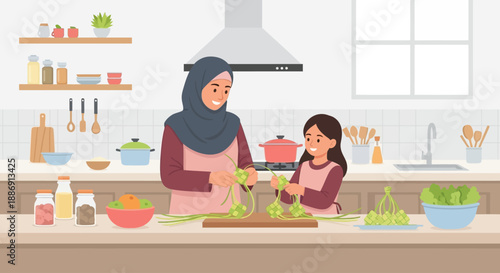 This flat design illustration shows a Muslim mother and daughter joyfully preparing ketupat, a traditional rice dumpling, in their kitchen for Eid al-Fitr.
