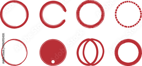 Set of red circular design elements isolated on transparent background