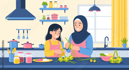 This flat design illustration shows a Muslim mother and daughter joyfully preparing ketupat, a traditional rice dumpling, in their kitchen for Eid al-Fitr.