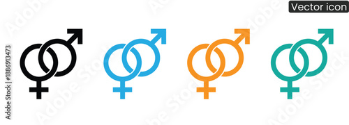 A set of vibrant gender equality symbols in modern colors, representing diversity and inclusion with a strong visual impact