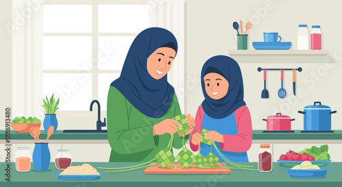 This flat design illustration shows a Muslim mother and daughter joyfully preparing ketupat, a traditional rice dumpling, in their kitchen for Eid al-Fitr.