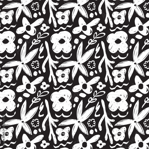 Black and white flower pattern repeat design in vector, seamless fabric background with modern tattoo shapes