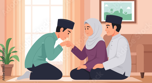 A touching flat design illustration depicting a Muslim child respectfully asking for forgiveness from their parents during Eid al-Fitr, a cherished tradition of Sungkeman. 