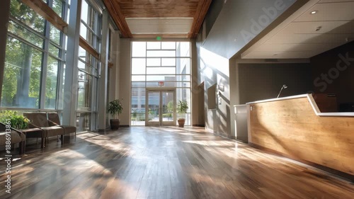 Wallpaper Mural Medium shot capturing sunlight pouring through expansive clinic windows softly emphasizing sustainable finishes and blurred ecofriendly flooring beneath Torontodigital.ca