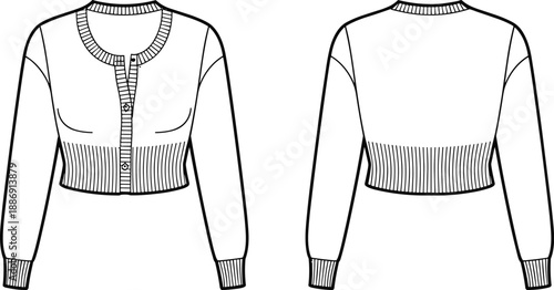 Front and back view technical fashion flat of a cropped button-up cardigan with ribbed cuffs and hemline showcasing its silhouette and details