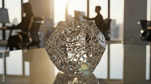 Abstract Crystal Object in Modern Office with Silhouetted People, Business and Technology Concept, Corporate Environment