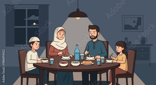 This flat design illustration portrays a Muslim family sharing their pre-dawn Sahur meal together in a cozy home during Ramadhan. It captures the quiet togetherness and commitment to fasting.