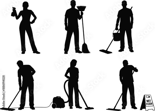 Set of Cleaning Service Silhouette Vectors Featuring Men and Women Using Mops Vacuums and Brooms for Professional Janitorial and Housekeeping Graphic Design Projects