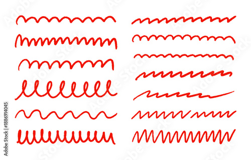 Hand drawn red crayon strokes, underlines, smears, strikethroughs, curls, wavy lines set. Pencil squiggles elements. Doodle style chalk sketches. Vector illustration