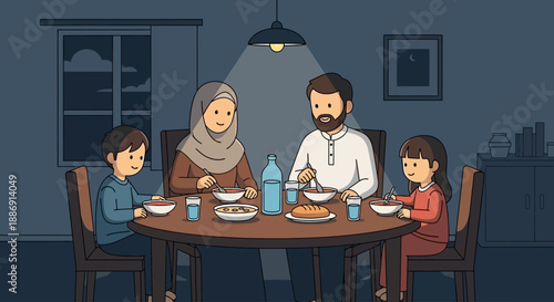 This flat design illustration portrays a Muslim family sharing their pre-dawn Sahur meal together in a cozy home during Ramadhan. It captures the quiet togetherness and commitment to fasting.