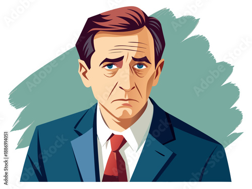 Illustration of a troubled businessman. Stress. Mental health. Business setting. Suit.