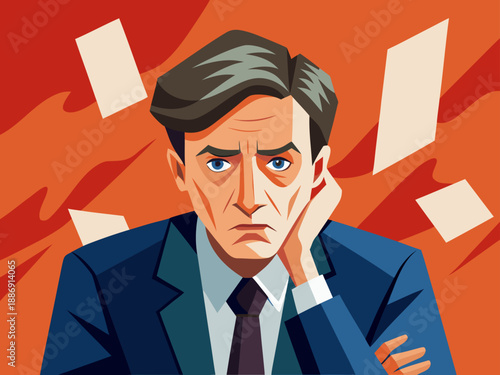 Illustration of a troubled businessman. Stress. Mental health. Business setting. Suit.