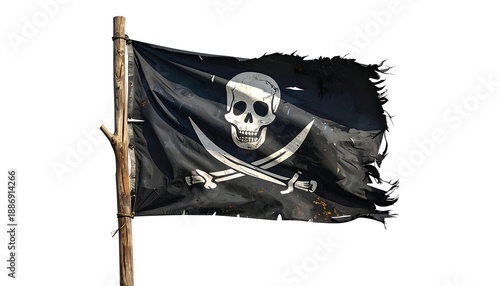 Torn pirate flag with skull and crossbones on white background.