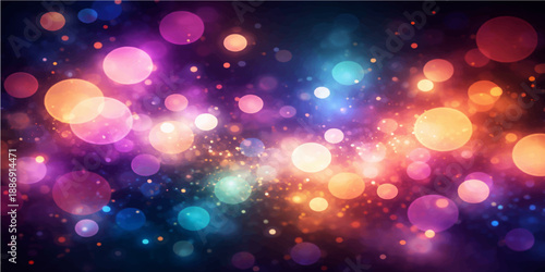Abstract colorful bokeh background featuring bright glowing purple and pink blurred lights with festive holiday glitter circles for a vibrant wallpaper design