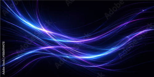 Abstract blue and purple fractal background featuring glowing waves and flowing lines in a soft motion design with an energetic light pattern on a black texture
