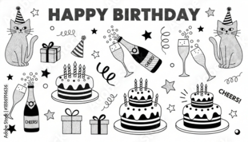 Happy Birthday Cats Cakes Champagne Party Celebration Elements Black White