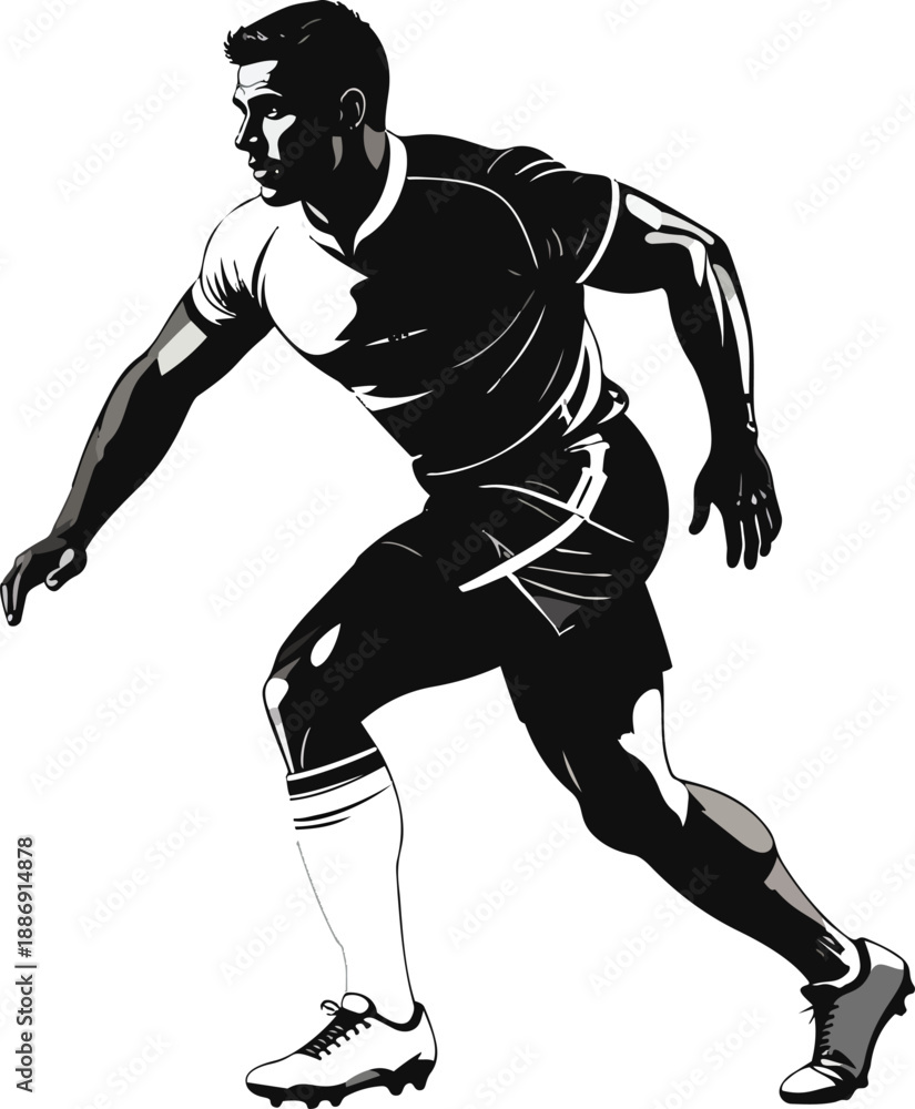Fototapeta premium Black and White Rugby Player Silhouette in Dynamic Random Pose
